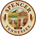 Spencer Tennessee city seal featuring mountain scenery, historic courthouse building, stone archway, and a waterfall, established 1850.