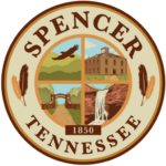 Spencer Tennessee city seal featuring mountain scenery, historic courthouse building, stone archway, and a waterfall, established 1850.