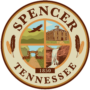 Spencer Tennessee city seal featuring mountain scenery, historic courthouse building, stone archway, and a waterfall, established 1850.